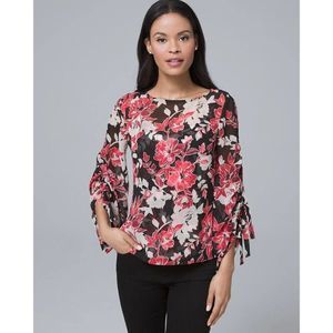 WHBM Black Red/Pink and White Tie-Sleeve Floral Blouse 2